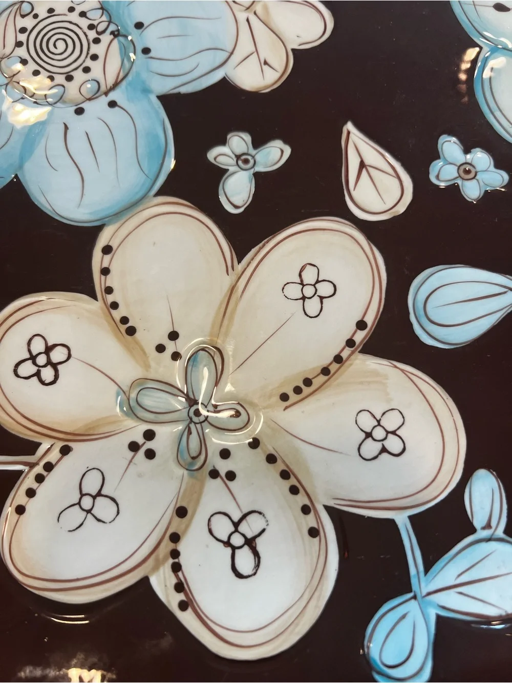 Pier 1 Cassidy Brown Platter with Blue and Cream Floral Design